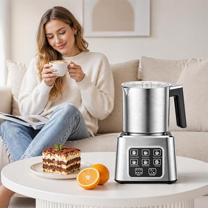 Electric Milk Frother and Steamer, 6-in-1 Automatic Milk Frother Machine with 500ml Milk Warmer, Hot & Cold Froth for Coffee, Latte & Hot Chocolate, Stainless Steel
