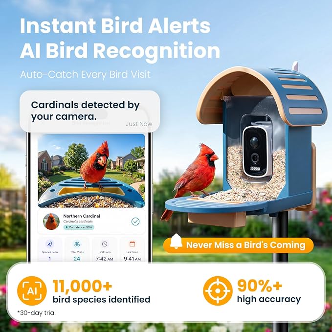 Smart Bird Feeder with Camera, 2.5K UHD Solar Powered WiFi Bird Watching Camera, AI Bird Species Identification, Instant Alerts, IP66 Waterproof Outdoor Wild Bird Feeder, Gift for Dad, Blue