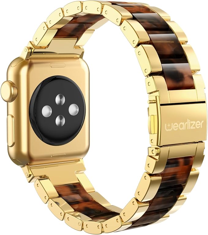 Wearlizer Tortoise Resin Compatible with Apple Watch Bands 38/40/41/42mm Womens, Wristbands Gold Stainless Steel Replacement Classic Strap Metal iWatch Series 11 10 9 8 7 6 5 4 3 SE/Ultra 3 2 1