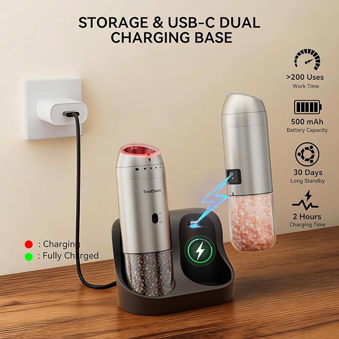 Electric Salt and Pepper Grinder Set, Automatic Gravity Pepper Grinder with Charging Base, Rechargeable Stainless Steel Spice Mill, Adjustable Coarseness, Dual-Speed Control, LED Light, Large Capacity