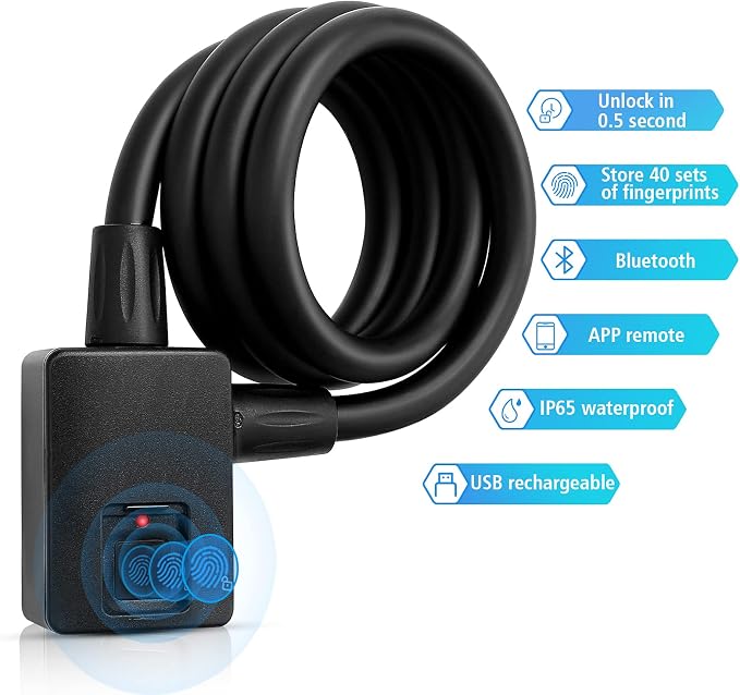 MYPIN Bluetooth Fingerprint Bike Lock, Anti-Theft, Waterproof, 1M Cable, IP65, Combination Lock, Fingerprint & Bluetooth Unlock, Heavy Duty