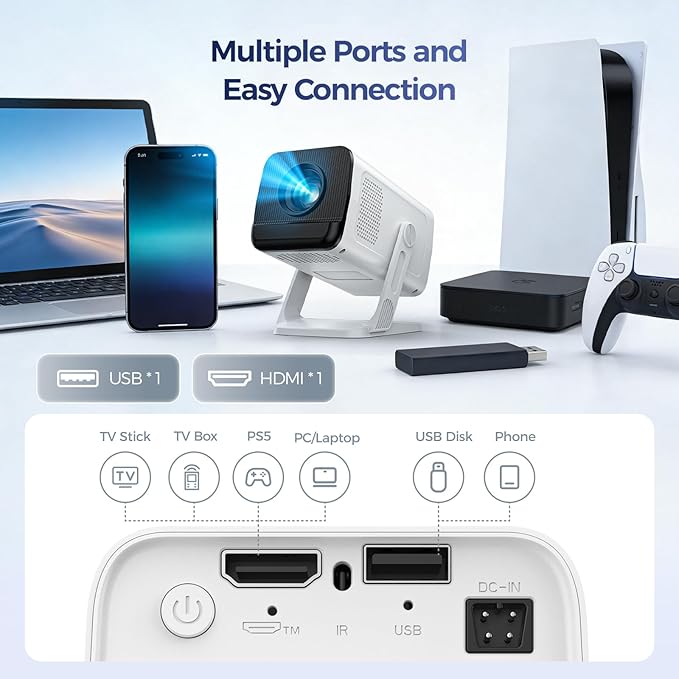 [Built-in Apps & 2026 Upgraded] Mini Projector with WiFi and Bluetooth,Native 1080P Smart Projector 4K Supported,Auto Vertical Keystone,210° Rotatable,Compatible with TV Stick,Smartphone(Medium)