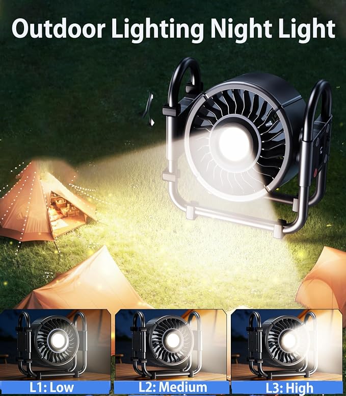 Rechargeable Auto-Oscillating Fan, 16000mAh Battery Powered Portable Outdoor Fan with 6-Speeds & LED/RGB Lights, 120° Rotating Tent Fan for Camping, RV, Patio, and Jobsite