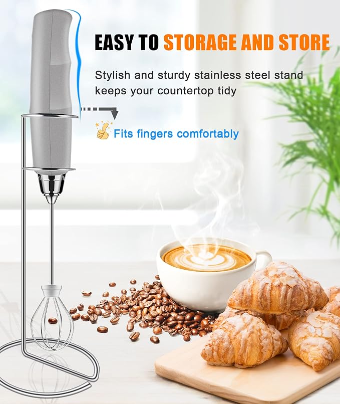 YUSWKO Rechargeable Milk Frother for Coffee with Stand, Handheld Drink Mixer with 3 Heads 3 Speeds Electric Stirrers for Latte, Cappuccino, Hot Chocolate, Egg