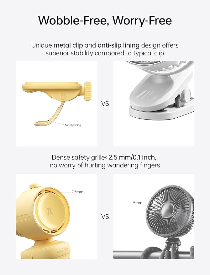 JISULIFE Chic Stroller Fan 2026-Baby Cool Helper: Smart 120° Auto Oscillation with 100 Speeds, 21H Super-Long Battery, Portable Baby Fan for Crib, Stroller & Bedroom, Gift for Moms-Yellow(Clip)