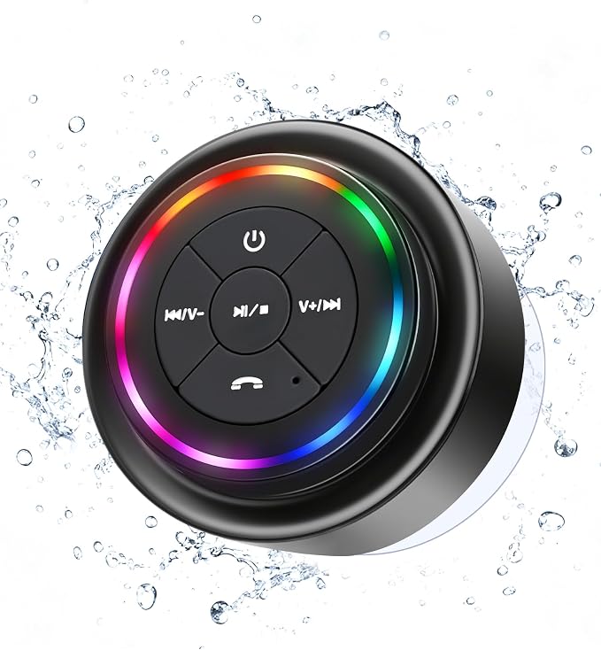 PEDVSTY Shower Speaker Bluetooth Waterproof, Mini Portable Wireless Speaker with LED Lights, Suction Cup, Floating,Crystal Sound, for Bathroom Travel Beach Pool, Ideal Electronic Gifts