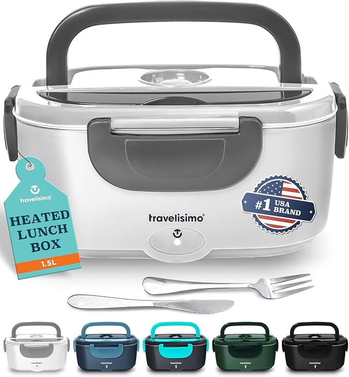 TRAVELISIMO Electric Lunch Box for Adults 100W Heated Lunch Box For Men 1.5L Stainless Steel Portable Food Warmer, 12/24/110V for Travel & Work, Loncheras Electricas Para Calentar Almuerzo