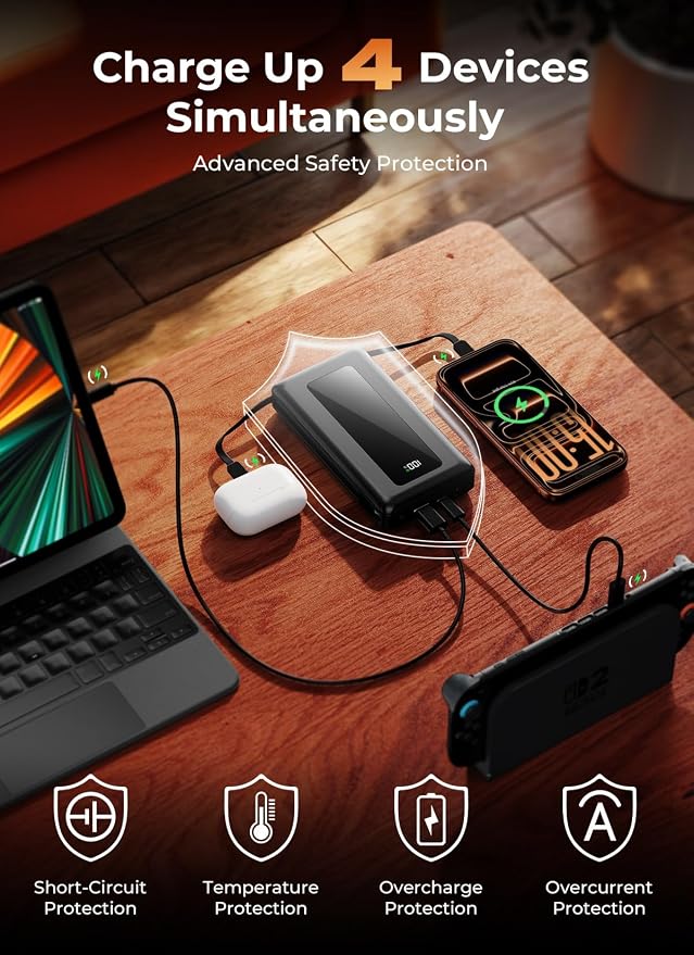 Moihosso Portable Charger Power Bank, 50000mAh Travel Camping Essential Battery Pack, Built-in iOS & Type-C Cables, 22.5W Fast Charging Portable Phone Charger, for iPhone, Android, Pad - Onyx
