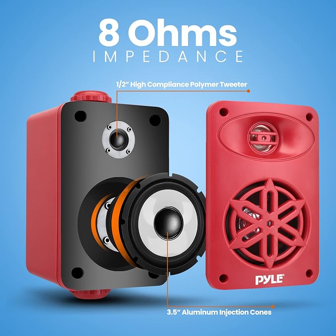 PyleUsa Bluetooth Indoor Outdoor Speakers Pair - 200 Watt Dual Waterproof 3.5” 2-Way Full Range System w/ 1/2” High Compliance Polymer Tweeter - Home, Boat, Marine, Deck, Patio, Poolside -PDWRBT36RD