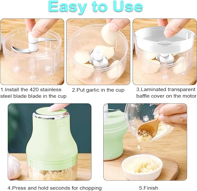 2Pcs 250ML Electric Garlic Chopper, Mini Portable Veggie Chopper, Garlic Grinder Masher Onion Chopper, Blender to Vegetable, Wireless Food Processor for Ginger, Chili, Fruit, Meat, etc