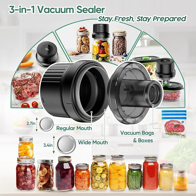 Mason Jar Vacuum Sealer Kit-Fully-Automatic-Canning-Jar-Sealer-Vacuum-Sealing,2025 Upgraded Electric Vacuum Sealer for Wide&Regular Mouth Mason Jars/Canning &Sous Vide Bag/Jar Sealer Machine for Food