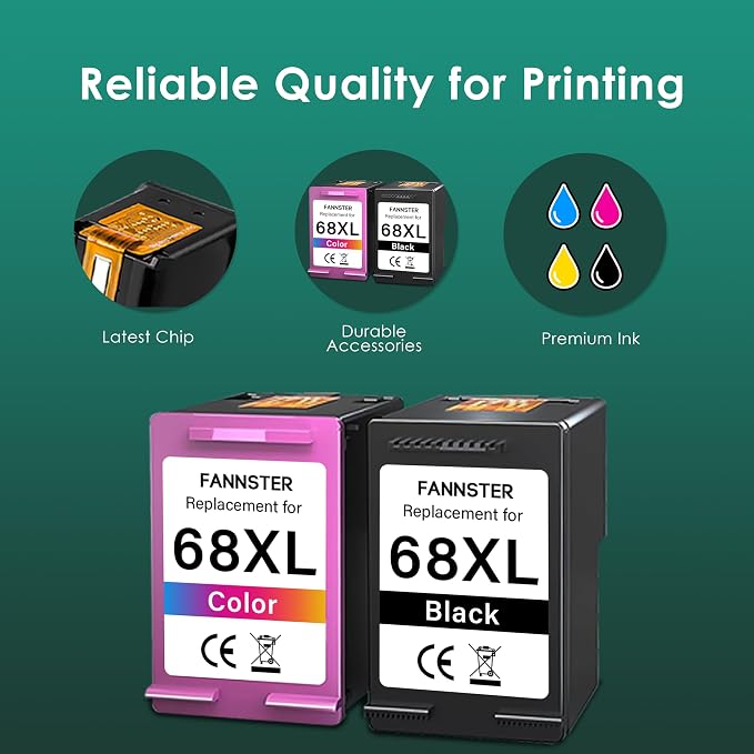 68XL 68e 68 Ink Cartridges Black Color Combo Pack Replacement for HP 68 Ink Cartridges, Compatible with HP Envy 6155e 6555e 6152e 6552e 6558e Printers (1 Black 1 Tri-Color)