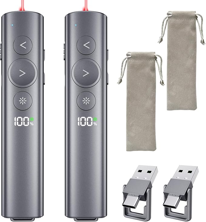 (2 Unit) Power Display Wireless Presenter Remote, Rechargeable Presentation Clicker with Red Laser Pointer for PowerPoint, Slide Advancer for Mac, Windows, Laptop, Classroom, Office
