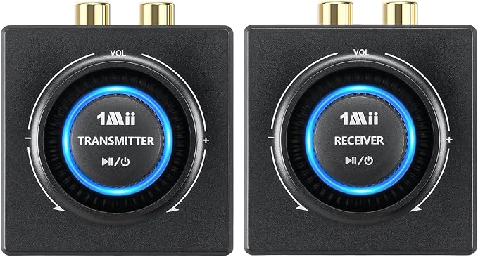 1Mii 2.4GHz (1 TX + 1 RX), Wireless Transmitter Receiver - 200ft Long Range 25ms Low Latency, Wireless Audio Adapter with RCA/AUX, Plug & Play for TV/Home Stereo/Soundbar/Powered Speakers/Amplifier