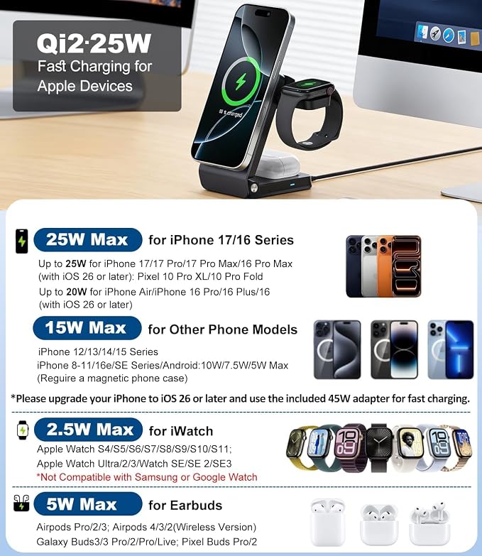 3 in 1 Wireless Charging Station with TEC Active Cooling, Qi2.2 25W Fast Charger for MagSafe Magnetic Foldable Charger Stand