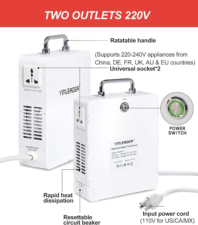 Yinleader 3000W 110v to 220v Converter Step Up Voltage Transformer 110v/120V to 220V/240V for Euro/Asia/DE/FR/UK/AU Appliances Used in US/CA/MX(White)