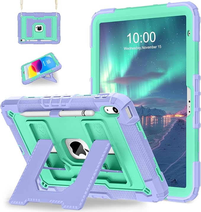 WESOROL Case for iPad A16 11th/10th Generation 2025/2022 with Pencil Holder Shoulder Strap iPad Case 10th Generation Shockproof Cover for iPad 11th/10th Gen Cases,Purple Green
