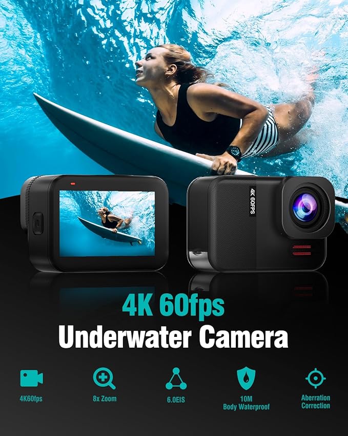 4K60fps Waterproof Action Camera- Bare Metal Underwater 10M with 64G SD Card, HD 48MP Touchscreen Sports 6-Axis Stabilization,8X Zoom Underwater Camera Snorkeling with Helmet Accessories