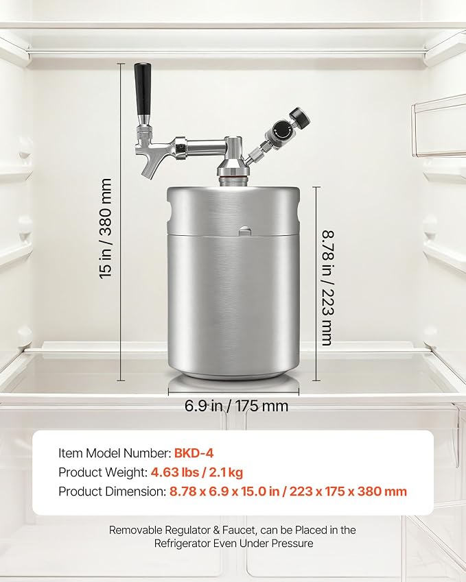 VEVOR 128oz Mini Keg, Pressurized Growler Tap System, 304 Stainless Steel Beer Kit, with Co2 Regulator, Self-Closing Faucet, Keeps Fresh and Carbonation for Homebrew, Craft and Draft Beer