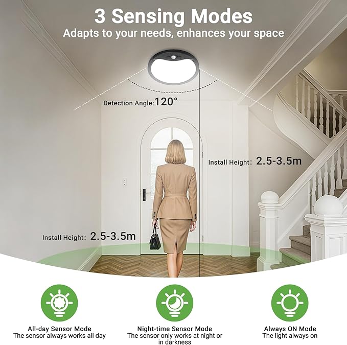 zemty 2Pack 9inch Motion Sensor Ceiling Lights Wired,18W 1800lm 3CCT/3 Mode/30-120s Timer, Bright Black LED Flush Mount Light Fixture Motion Activated for Closet Pantry Hallways Stairwells Garage
