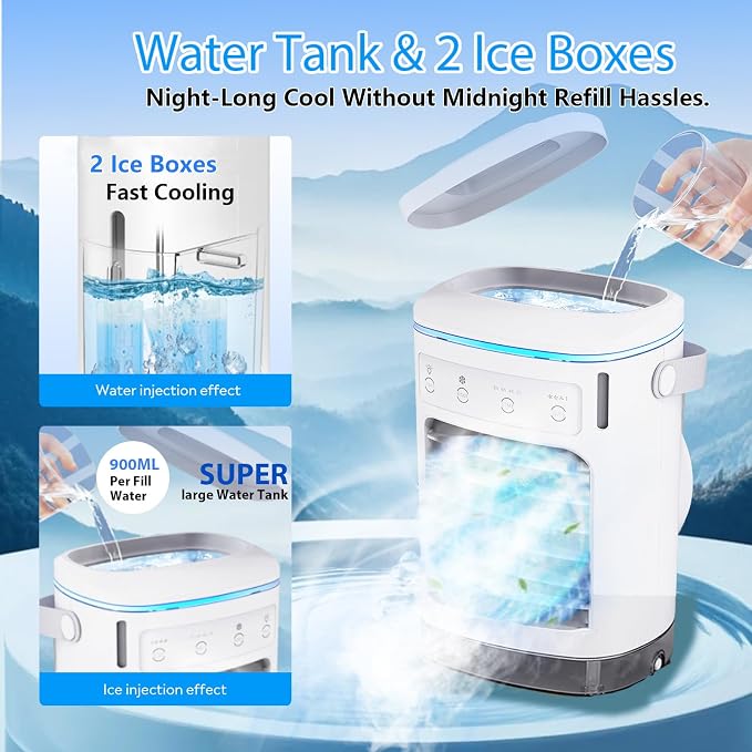 Portable Air Conditioners, 2026 Upgraded Personal Air Conditioner with 2 Mist & 2 Icebox, 3 Speeds & 2-8H Timer, 7 Color Light & 900ml Large Tank, Evaporative Air Cooler AC Cold Fan for Bedroom Office
