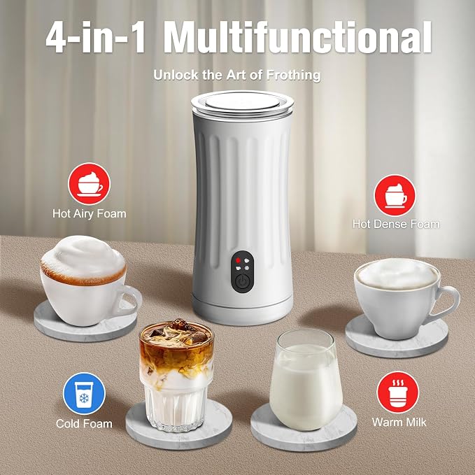 Milk Frother, 4-in-1 Milk Steamer and Frother, 8.1oz/240ml Automatic Warm and Cold Foam Maker, Auto Shut-Off Frother for Coffee, Latte, Cappuccino, Macchiato(White)