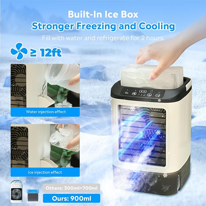 Portable Air Conditioners, Evaporative Air Cooler with 2 Mist & 3 Speed/Boost Mode, 7 Color Light, 900ml Large Tank & Icebox, Personal Air Conditioner AC Cold Fan for Bedroom Office Desk Car
