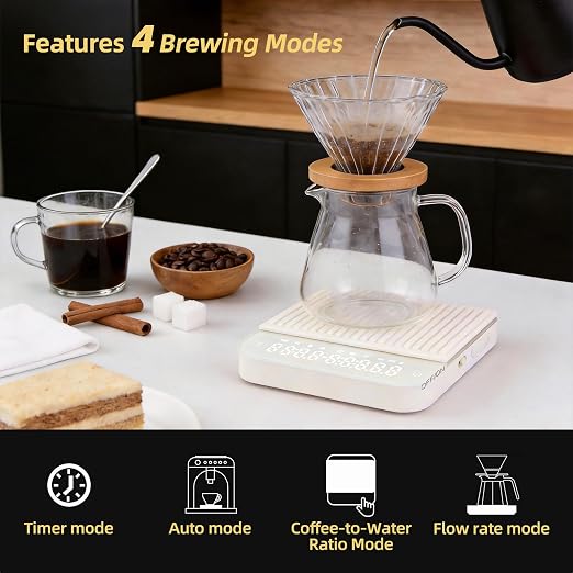 ShanSon Mini Coffee Scale with Timer,0.1g High Precision Espresso Scale,2kg/0.1g Digital Kitchen Scale with Flow Rate,USB-C Rechargeable,Waterproof Surface,Auto Timer for Pour Over & Espresso,Beige