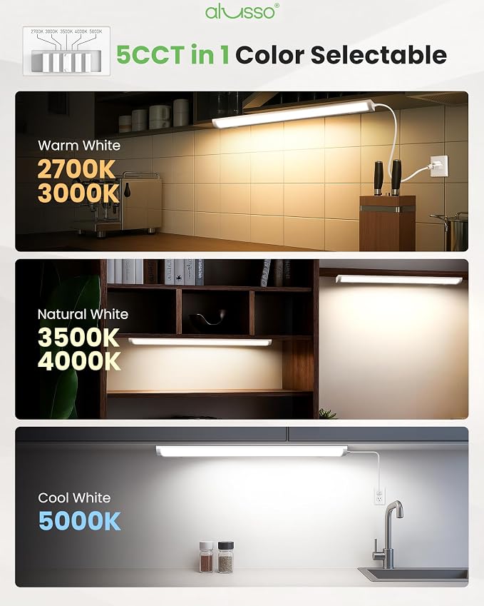 ALUSSO 24 Inch LED Under Cabinet Lighting Plug in 120V, 5CCT Color Selectable 2700K-5000K Dimmable 15W 1200LM High Brightness, CRI 90+ Strip Linkable Under Counter Lights for Kitchen Sink, 1 Pack