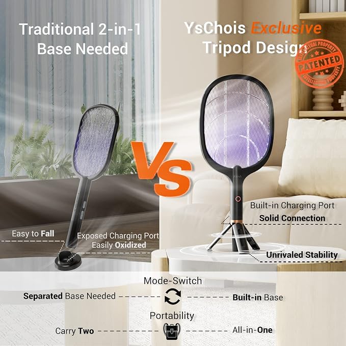 YsChois Electric Fly Swatter Racket, Rechargeable Fly Zapper - 4000 Volt, Exclusive 2-in-1 Bug Zapper Racket - USB Charging, 1800mAh Li-Battery, Indoor & Outdoor Use, Black, 2 Packs