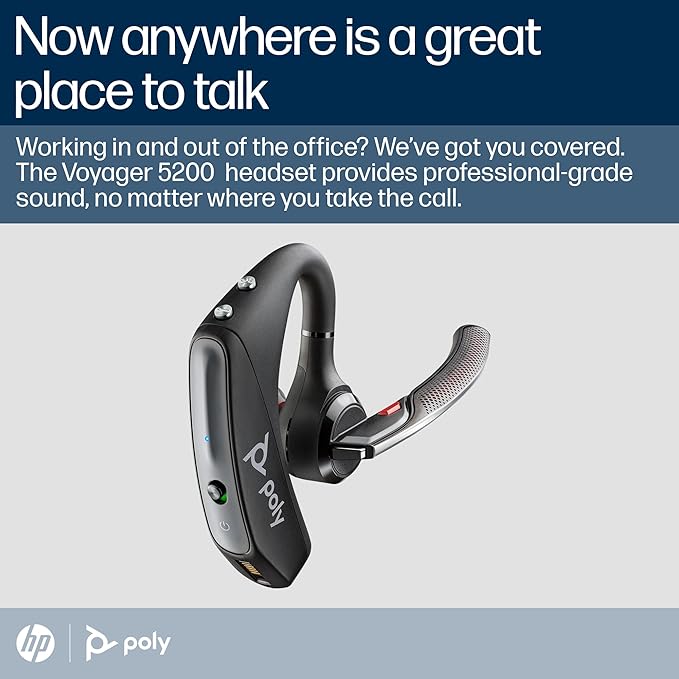 Poly Voyager 5200 Wireless Headset (Plantronics) - Single-Ear Bluetooth Headset w/Noise-Canceling Mic - Ergonomic Design - Voice Controls - Lightweight - Connect to Mobile/Tablet via Bluetooth