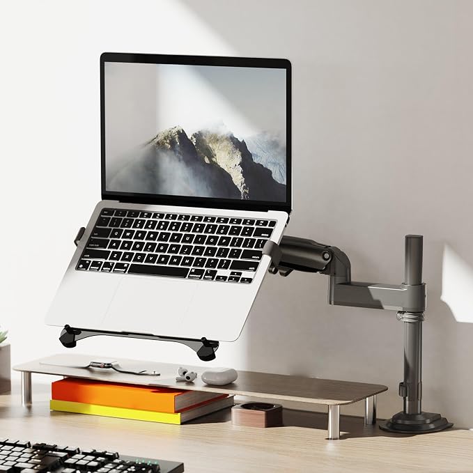 NB ERGONOMIC Laptop Mount with Adjustable Tray for 10-17” Notebook, Full Motion Arm with VESA Plate for 17-30” Monitor (Within 4.4~19.8lbs),Clamp-on Grommet Mounting H100-FP