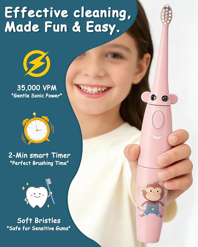 Kids Water Flosser & Electric Toothbrush Combo for Ages 6-12,Children Oral Irrigator with 3 Gentle Modes & 2 Sonic Modes,Braces-Friendly Dental Kit for Boys & Girls (Giraffe & Monkey Design)