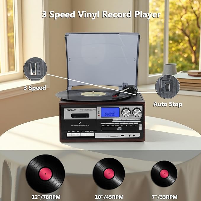 All in One Vintage 3 Speed Vinyl Record Player with Built-in Speakers,Bluetooth in/Out Turntable,CD Player/Cassette/USB/TF Card,AUX in,FM/AM Radio,RCA Out,Recording