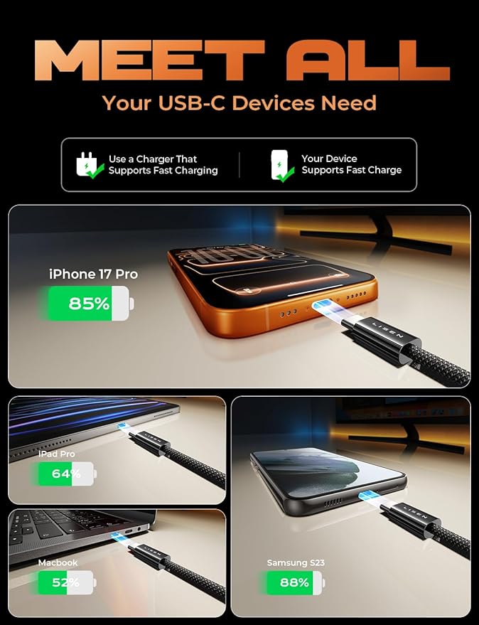 LISEN USB C Cable, 5-Pack [0.5FT] USBC to USBC Cable for iPhone 17 16e 15 Pro Max Charger Cord, 60W C to C Cable Fast Charging for Galaxy S25/S24/23, Switch 2, iPad, MacBook,Black