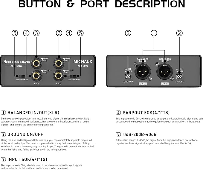 Dual-Channel Audio Signal Isolator with Ground Lift Switch, 3-Level Gain Attenuation (0/-20/-40dB), 600Ω High-Impedance Noise Filter Hum Eliminator for Home Audio, Studio & Live Sound Systems