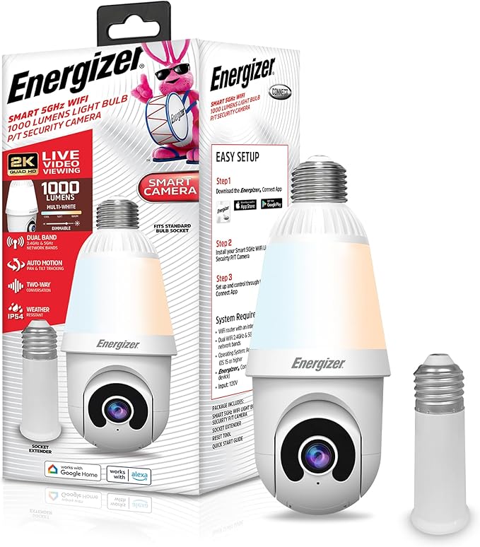 Energizer Smart 2K Light Bulb Security Camera, 1000 Lumens LED Light, 5G&2.4G Wi-Fi Outdoor Socket Camera, Pan Tilt Auto Tracking, (White, App Enabled Smart Detections)