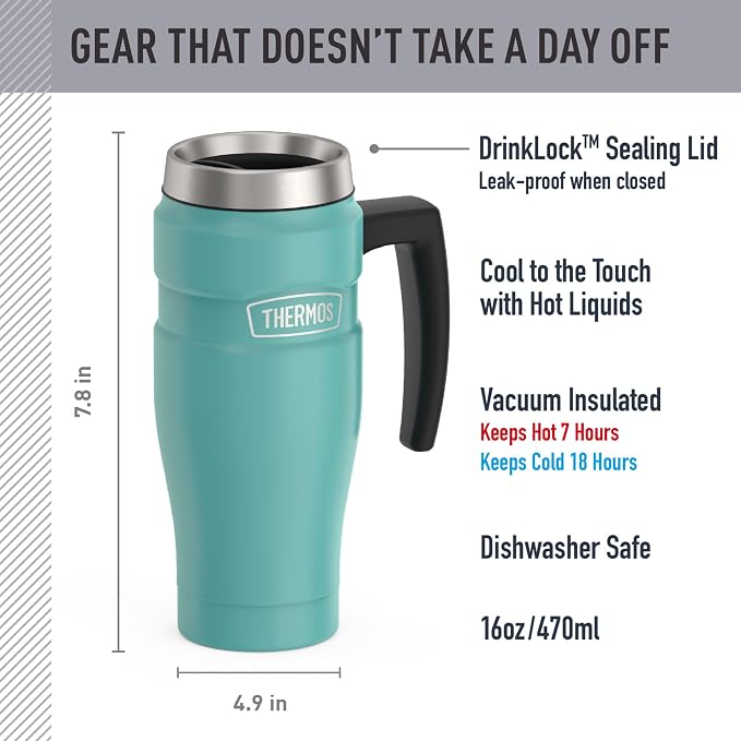 THERMOS Stainless King Vacuum-Insulated Travel Mug with Handle - 16oz, Matte Teal Tumbler for Hot & Cold Drinks - Leak & Sweat-Proof Stainless Steel Coffee Mug with Lid for Commuting