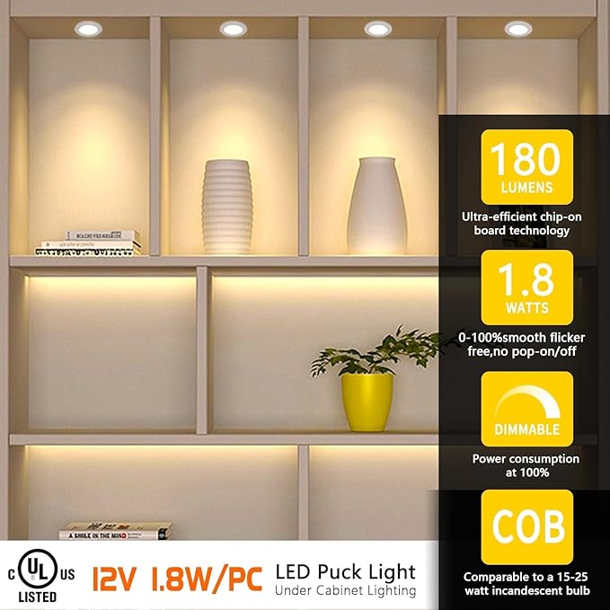 VST Under Cabinet Lights CCT 3000K-6000K, Puck Lights Color Temperature and Brightness Adjustable with Touch Switch and ETL Listed Led Driver, Plug in Led Light for Kitchen Under Cabinet 3pack