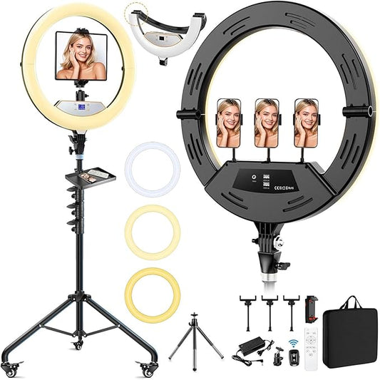 18" Large Ring Light with Stand, Upgraded Foldable LED Big Ringlight with 75" Tripod & Wheel Tray for Live Tattoo Makeup Video Recording Barber Photography