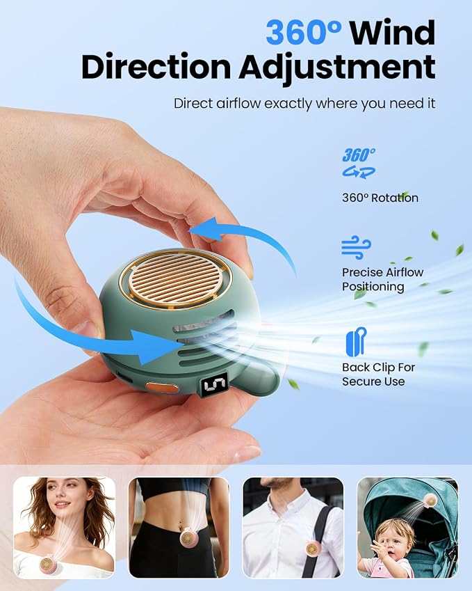 UNIWA Clip On Fan, Portable Silent Mini Bladeless Fan for Shirt/Waist, 5 Speed Adjustable&LED Display, Spin 360° Fan, Hands-Free, Wearable Fan for Outdoor Travel, Office, Gift Women Teal+Apricot White