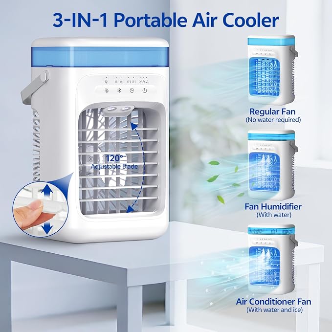 Portable Air Conditioners,Portable AC Unit with 3 Speed 2 Mist Modes Rapid Cooling,Mini Air Conditioner with 1000ML Water Tank 2/4H Timer LED Lights,Cooling AC Fan for Bedroom Office Camping Car RV