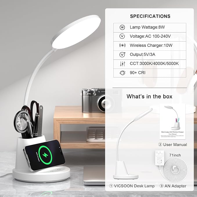 Desk Lamp for Home Office, LED Desk Lamp with Wireless Charger Pen Phone Holder, Dimmable Desk Light 3 Color Modes, College Dorm Study Lamp for College Dorm, CRI 90 800 Lumen