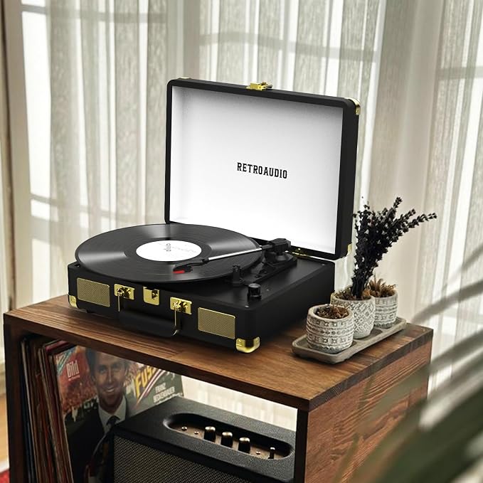 Vinyl Record Player 3-Speed Bluetooth Portable Suitcase Belt-Driven Record Player with 2 Built-in Stereo Speakers Vinyl Vintage Turntable Phonograph Records Player with RCA Line Out, AUX Out