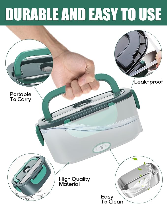 Buddew Electric Lunch Box 80W Food Heater with Dual Container, Portable Lunch Warmer for Adults, Upgraded Heated Lunch Box for Car/Truck/Office (GREEN-Dual Container)