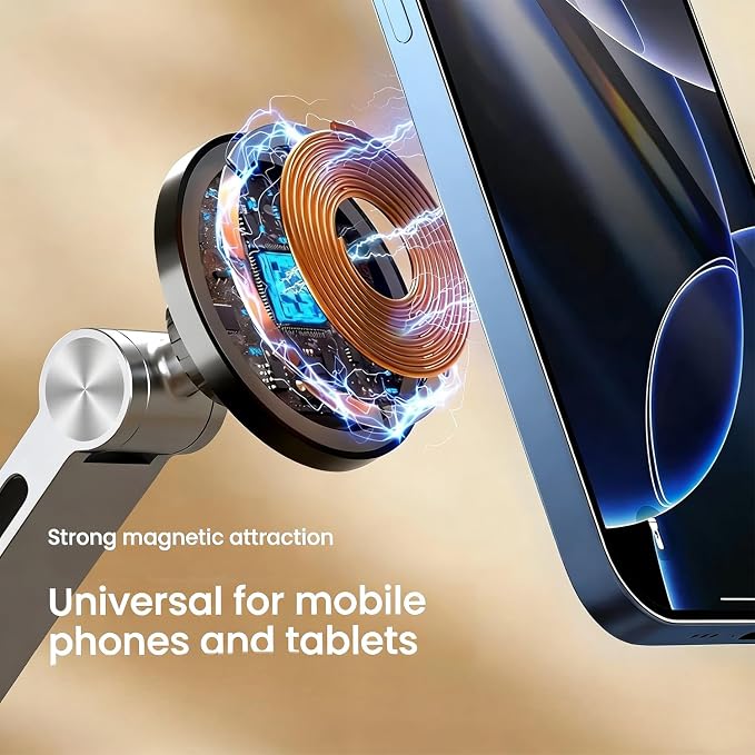 2-in-1 Tablet Stand for Desk, with Clamp & Magnetic Ring Head, Aluminum Foldable Holder Arm with 360°Rotatable Adjustable Base, Clamp Mount for 4"-12.9" Tablets, Phones Devices