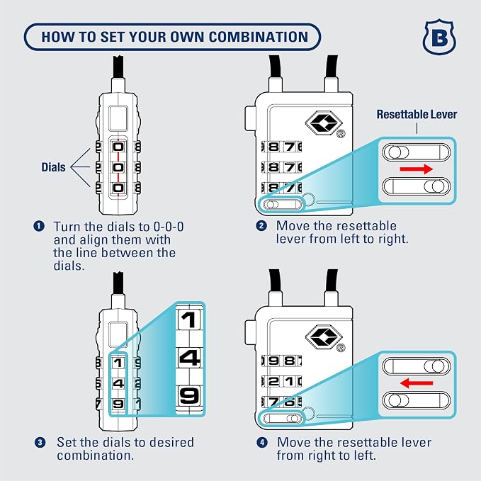 Brinks TSA Accepted Indicator Luggage Lock, Black - Resettable 3-Dial Combination, 2.5 inch Long Cable Shackle, New More Secure TSA008 Key, 4 Pack