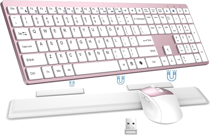 Wireless Keyboard and Mouse Combo, Full Size Silent Ultra Thin Keyboard with Magnetic Wrist Rest, Optical Mouse, 2.4G Lag-Free Cordless Mice Keyboard Set for Computer, Mac, Laptop, PC, Windows