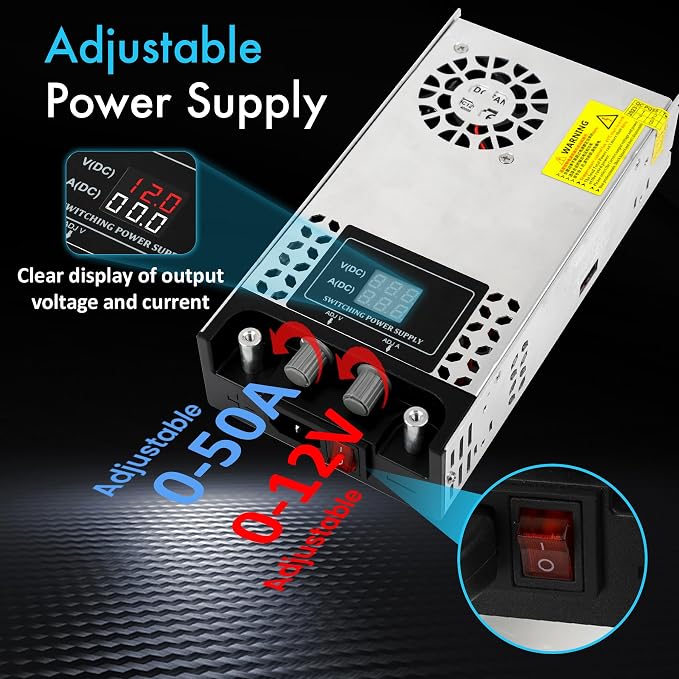 Adjustable 0-12V Power Supply 50A 600W, 110V AC to DC 0-12V Buck Converter 0-50A 600W Power Supply with LCD Display Adjustable Voltage Current 110V/220V AC to 12V DC Converter