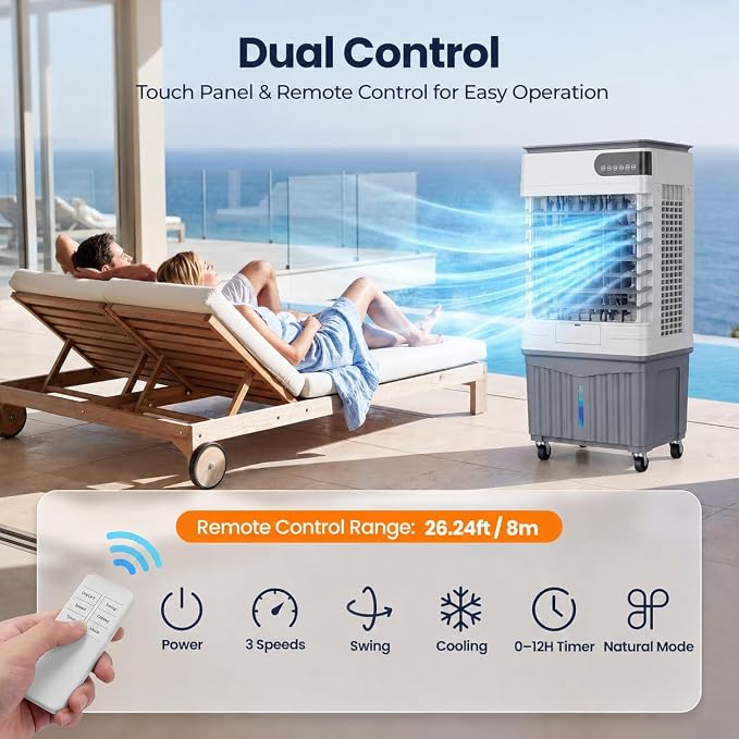 Evaporative Air Cooler, 5.8 Gal Portable Swamp Cooler,3 Speeds, 120° Oscillation, 1–12H Timer, Remote, 4 Ice Packs, for Patio, Garage, Bedroom, Small Room